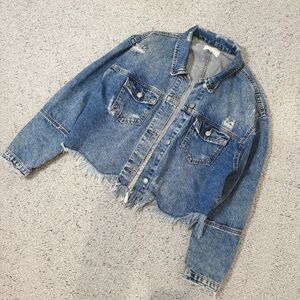 Zara Cropped Distressed Blue Denim Jacket Size L